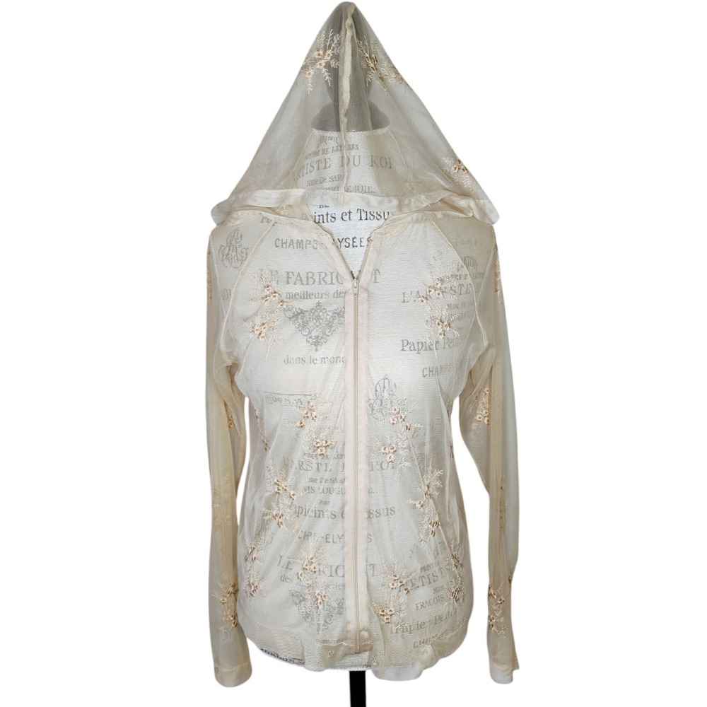 Vintage Newport News Lace Sheer Hoodie Top Womens XS Beige Coquette Layering